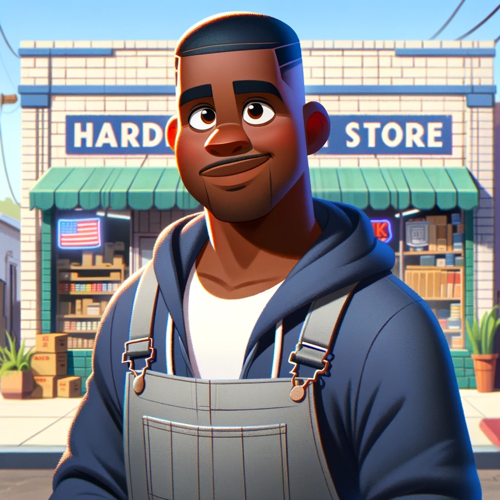 DALL·E 2024-01-10 21.30.08 - An animated African American male character in front of a hardware store in Altadena, California. The character is wearing grey coveralls with a navy 